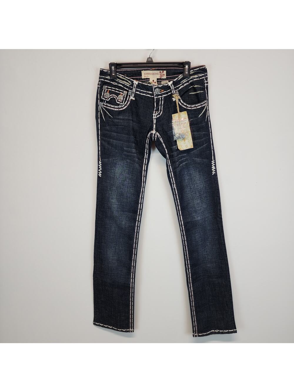 Laguna Beach Womens Crystal Embellish Jeans Sz 30 Low Rise Fleur de Lis Ornate